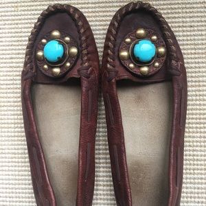 Miu Miu Brown Calfskin Moccasins w Turquoise